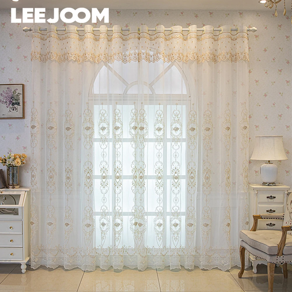 LEEJOOM Luxury Style Embroidered Floral White Tulle Sheer Curtain Window Transparent for Balcony French Window Decor 1PC