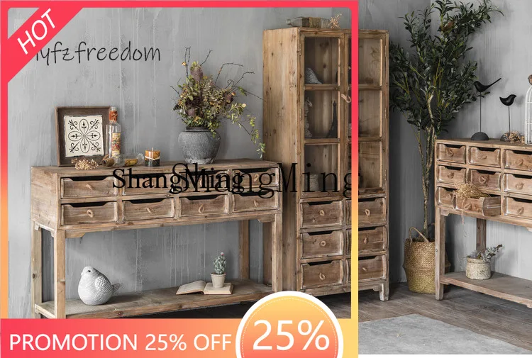 

SM rural retro solid wood glass display cabinet living room dining side floor storage high cabinet homestay