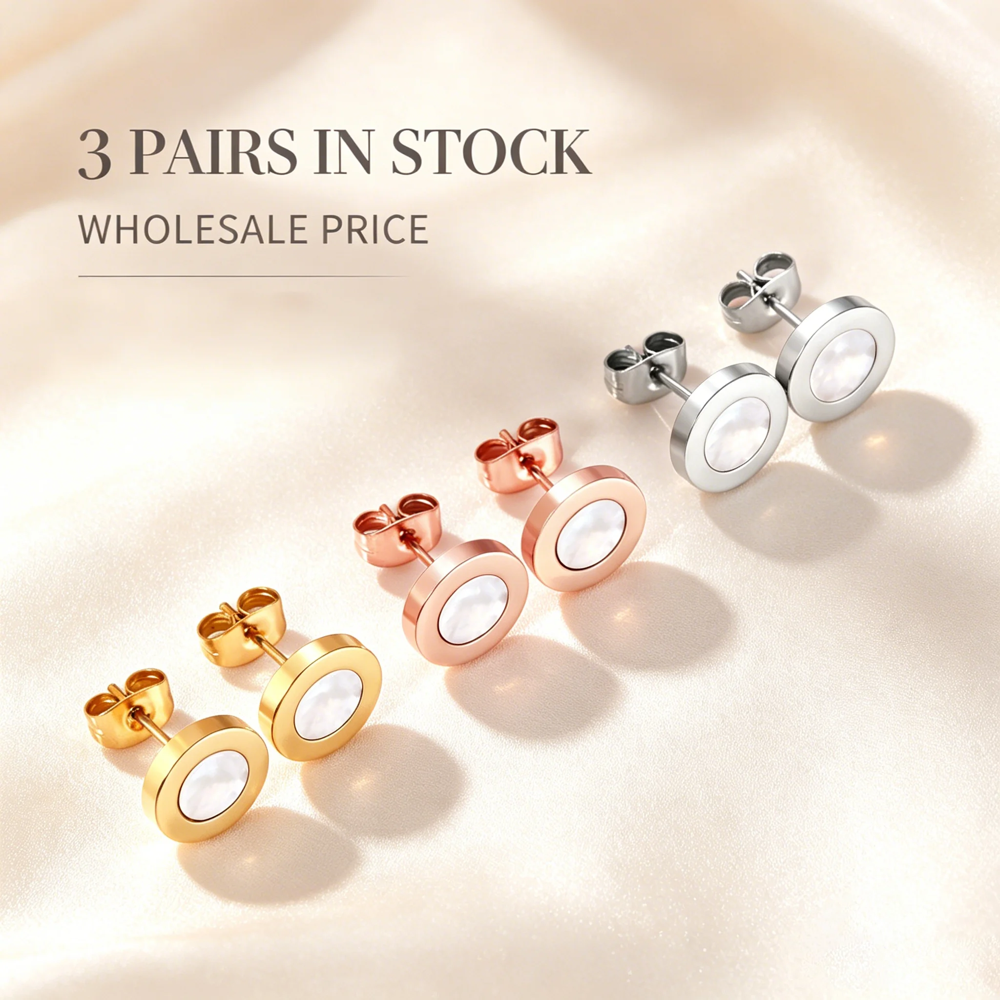 3Pairs Stainless Steel Gold Rose Gold Silver Round Shell Stud Earrings Mother Of Pearl Waterproof Bulk Wholesale Mini Piercing
