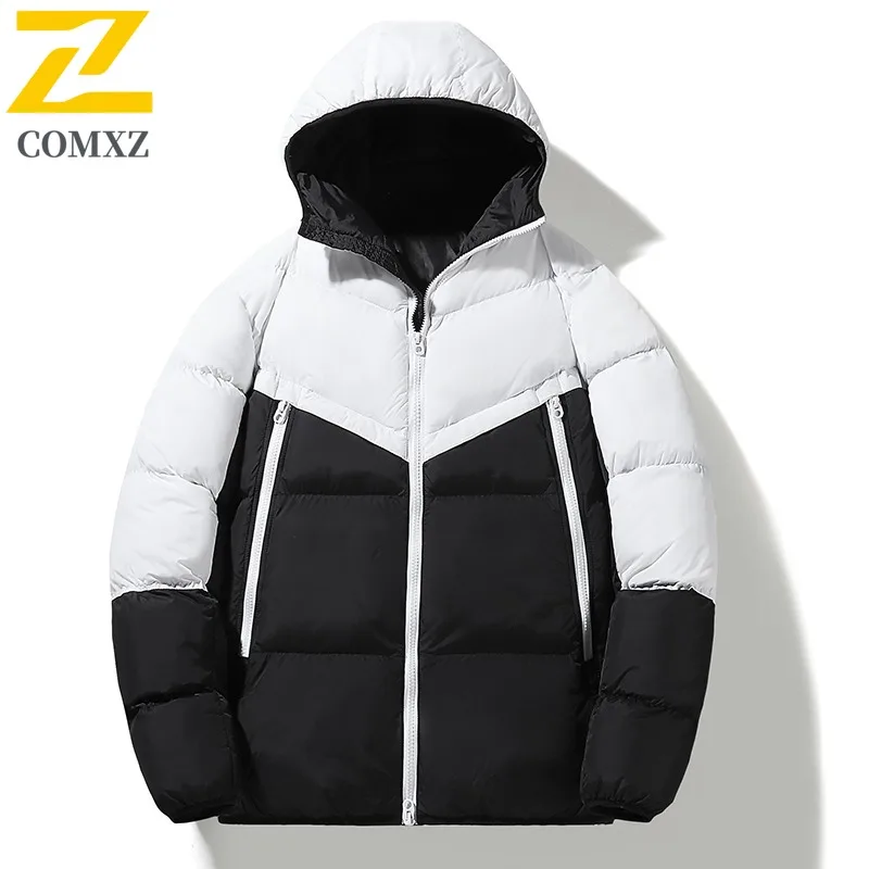 

COMXZ Splicing Design Men Padding Jacket Hooded Camp Wind Resistant Warmth Parka Leisure Outdoor Cold Proof Winter Cotton Coats