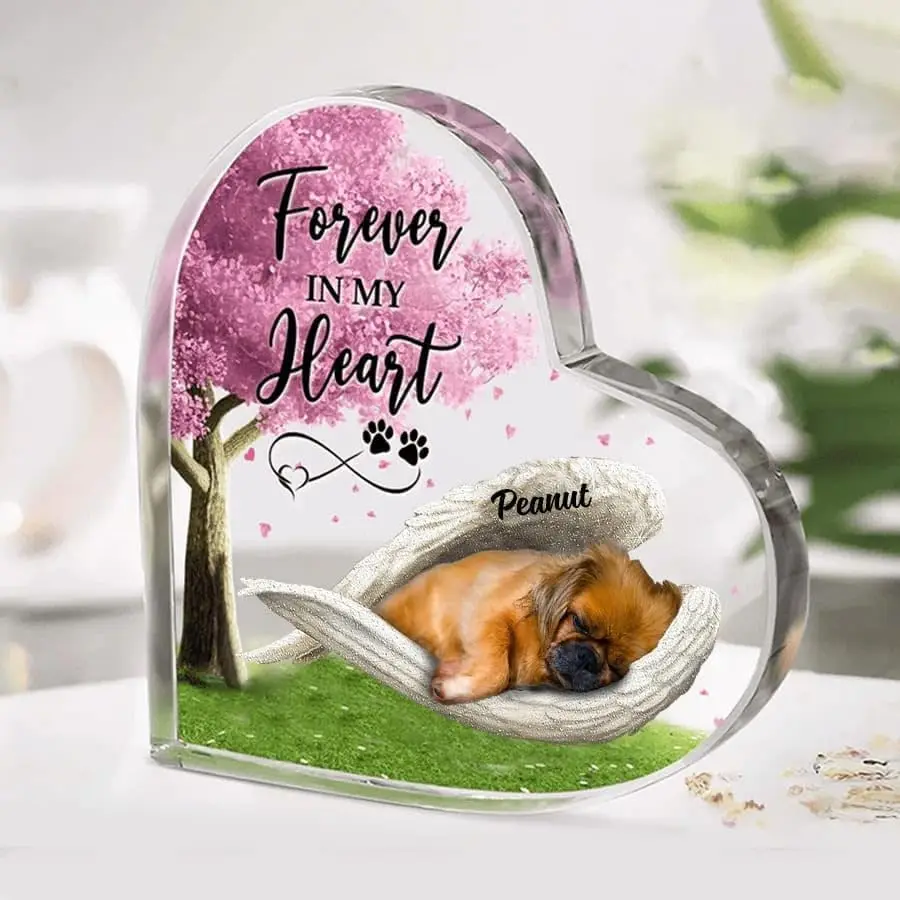 Personalized Pekingese Sleeping Angel Acrylic Heart Shaped Plaque, Pet Remembrance Keepsake Gifts Heart Decor, Dog Memorial Gifts for Loss of Dog