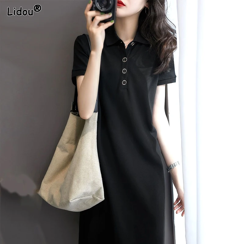 Women's Clothing Loose Capable Casual Classic Elegant Solid Short Sleeve Turn-down Collar Simplicity Button Knee Skirts Dresses