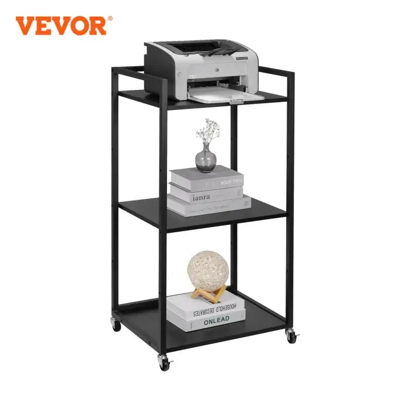 VEVOR 2/3 Tier Black Printer Stand Rolling Cart W/ Adjustable Shelf & Lockable Wheels Multifunction Mobile Table for Home Office