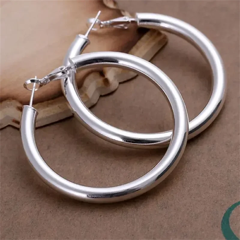 925 Sterling Silver Earrings Fashion Pretty Nice Women Party 5CM Round Jewelry Big Circle Lady Wedding