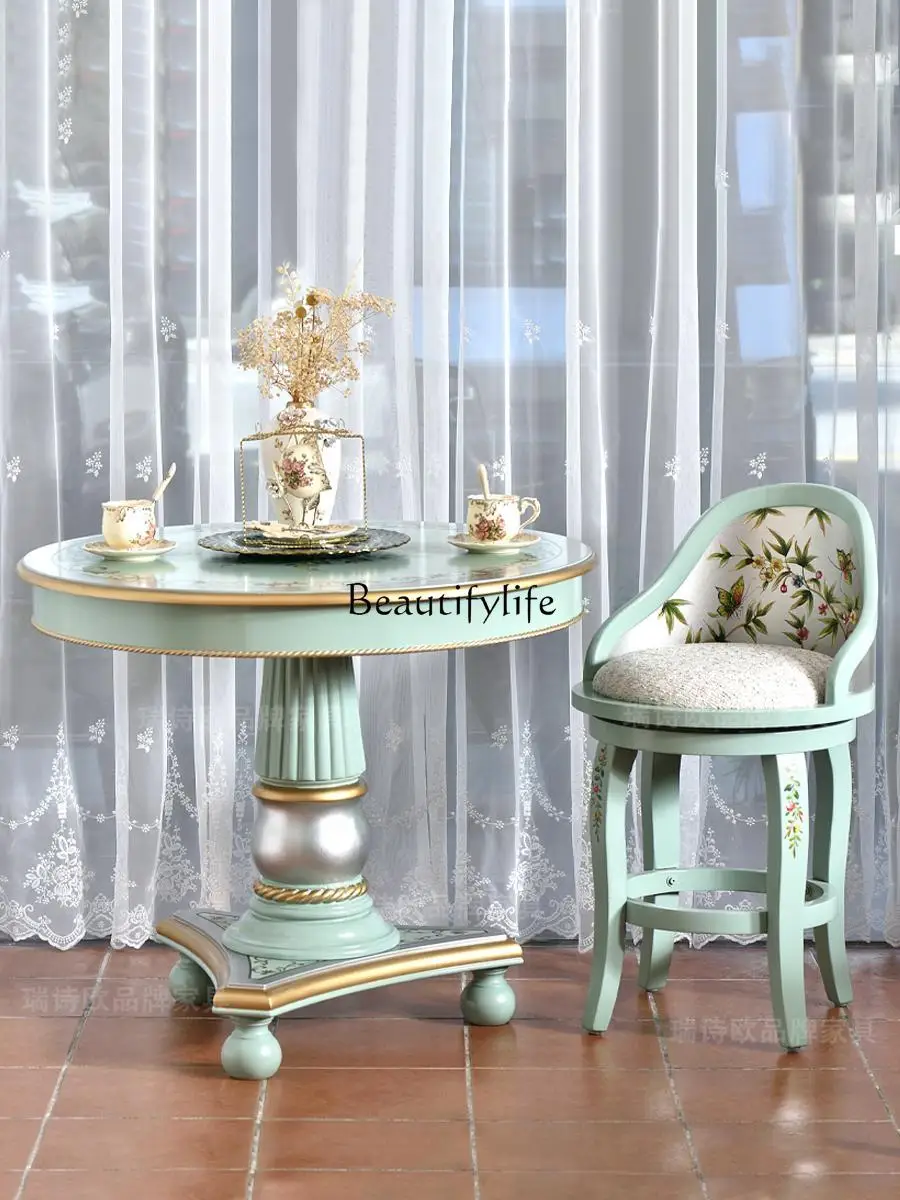 

American Country Solid Wood Round Table Painted Furniture Mint Green Small Household European Style Dining Table