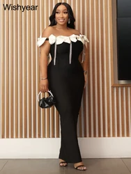 New Bow Knot Tie Rhinestone Tassel Black Long Dress Women Sexy Off Shoulder Birthday Party Bodycon Evening Female Elegant Luxury