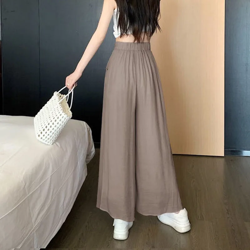 Elegant All-match Solid Lace Up Pants for Female Korean Elastic High Waist Casual Wide Leg Trousers Summer Women\'s Clothing