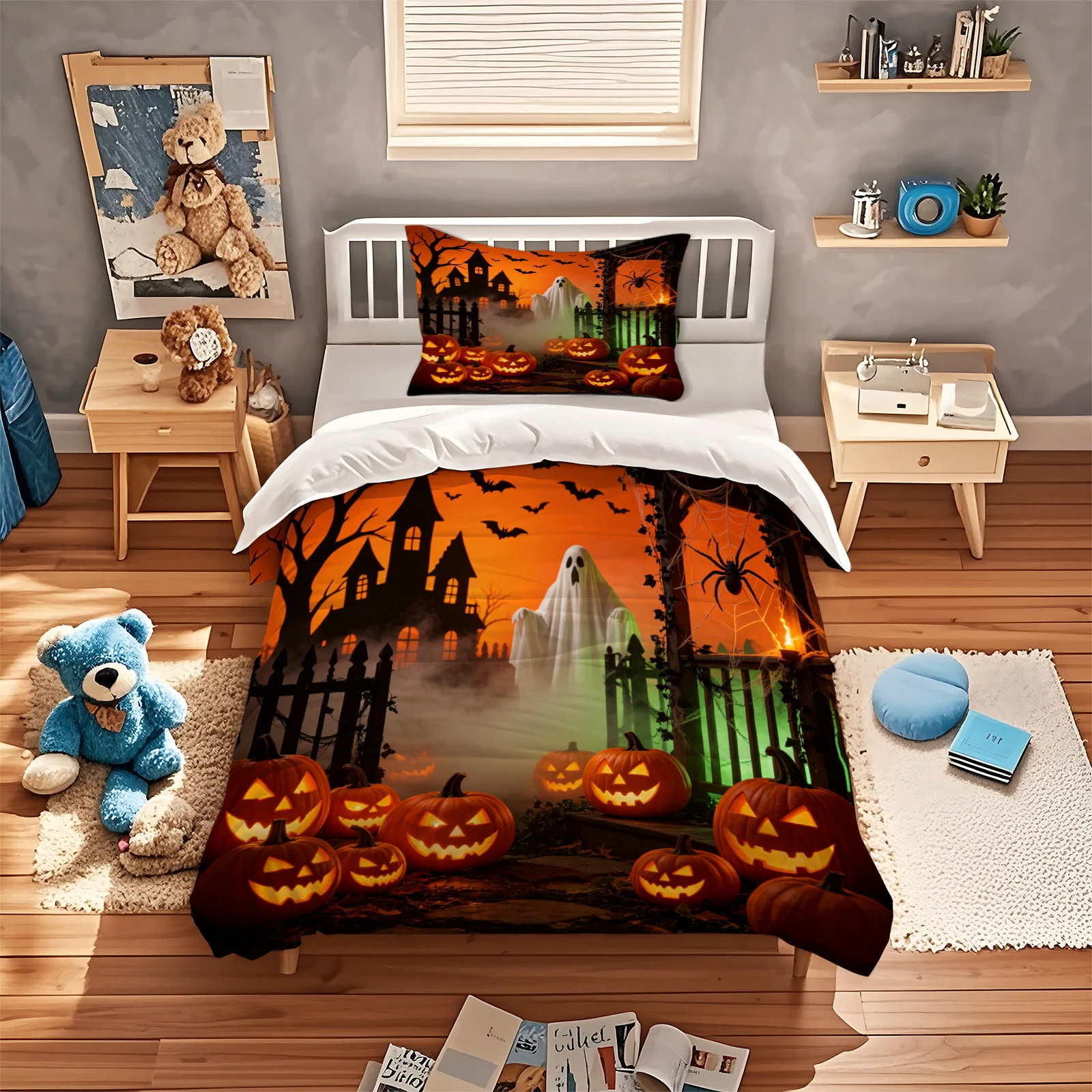 Halloween Haunted House Duvet Cover Set Spooky Ghost Jack‑O'‑Lantern Pumpkin Bat Spider Print Bedding Set Orange Quilt Cover