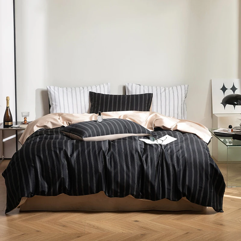 Simple Stripe Egyptian Cotton Bedding Set Duvet Cover Flat/Fitted Bed Sheet Pillowcases 4Pcs