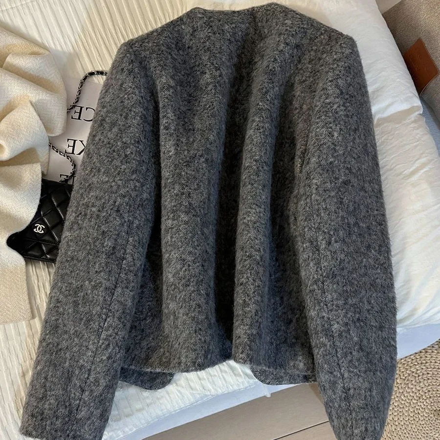 2025 New Grey French Style Short Coat Warm Inner Top Coat Winter Fashionable Compact Pattern Thickened Long Sleeve No Collar #4