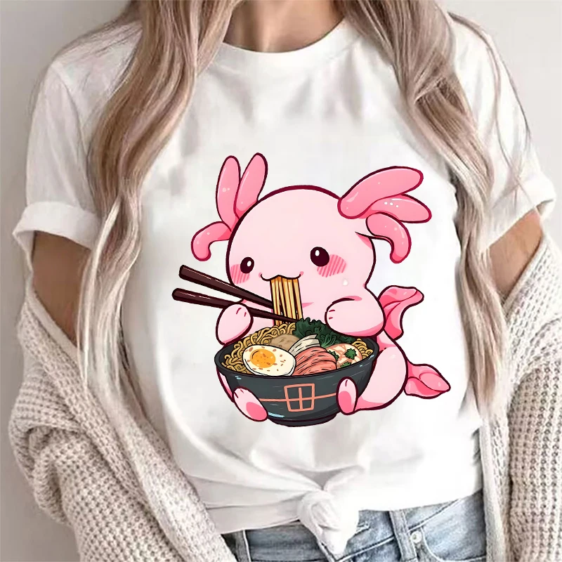 Summer Women Fashion T-shirts Funny Axolotl Eating Ramen Noodles Cute Kawaii  Graphic Tshirt Vintage Ladies Tee Female Shirt Top