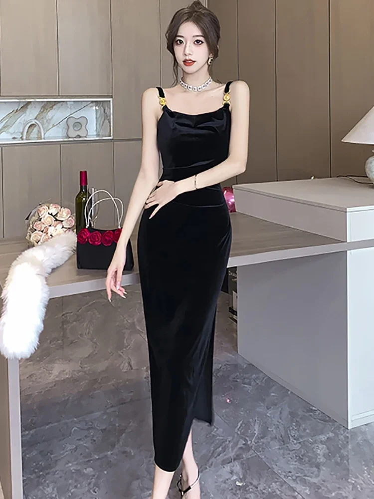 Black Velvet Backless Sexy Sling Slit Long Dress for Women Autumn Winter Elegant Dance Party Dress 2024 Korean Vintage Vestidos