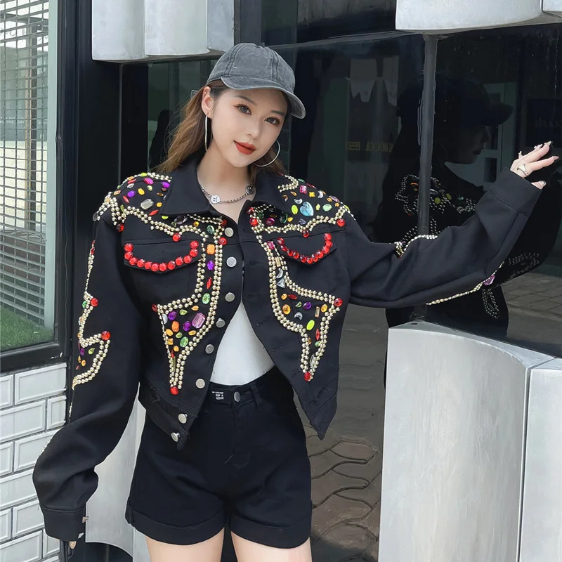 

Thailand Tide Brand Autumn New Heavy Industry Diamond-encrusted Retro Beaded Short Denim Jacket Loose Jacket Cross-border Women'