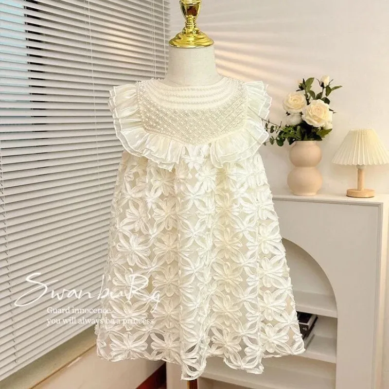 

Summer Dress for Girl Beading Pearls Floral Princess Dresses Sleeveless Ruffles Girls Costumes Party Dress Children Clothes