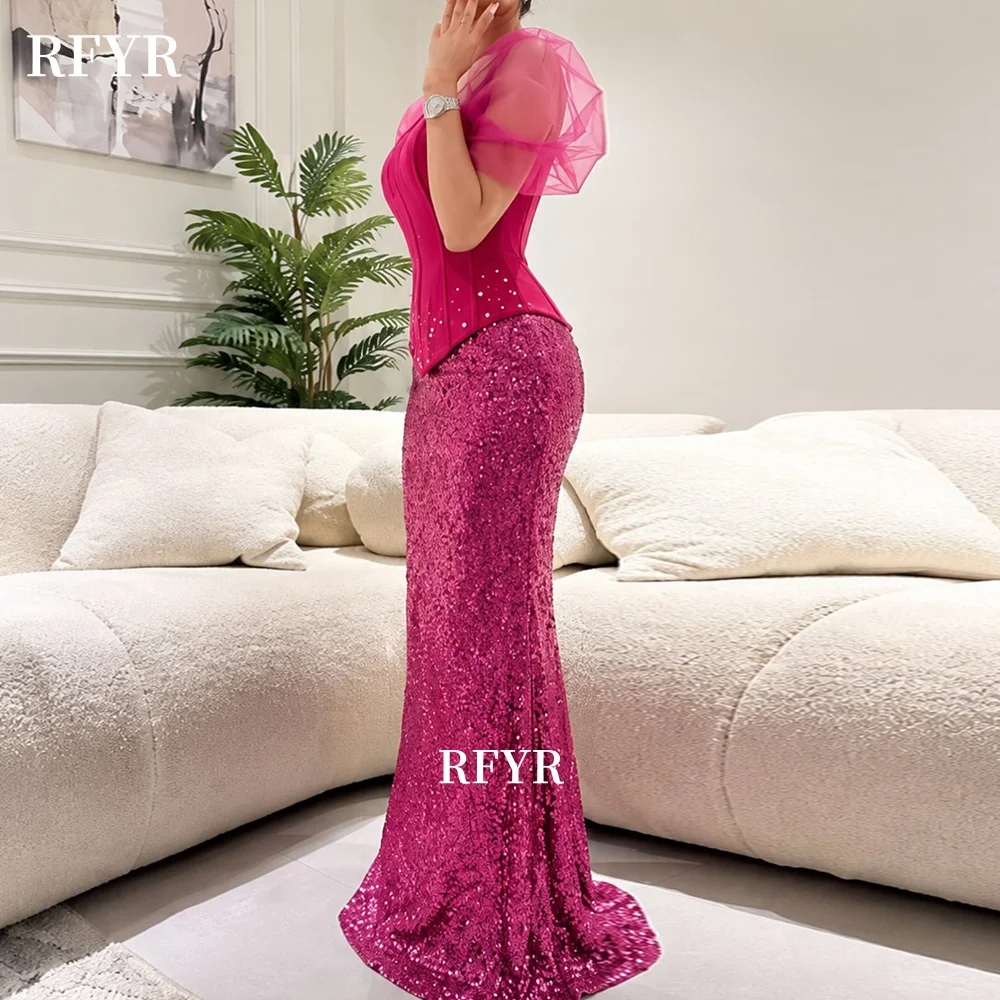 Vestido de fiesta RFYR fucsia con lentejuelas, vestido de noche estilo sirena, vestido de gala de celebridades con mangas abullonadas para mujer, personalizado