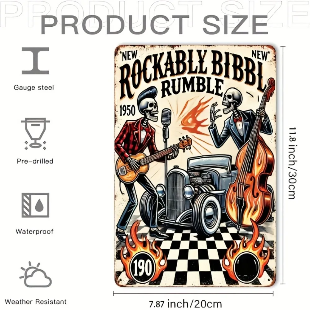 2D Flat, Retro Rockabilly Metal Tin Sign - Vintage Skeleton Band Wall Art with Guitar & Cello, Flames & Checkered Background