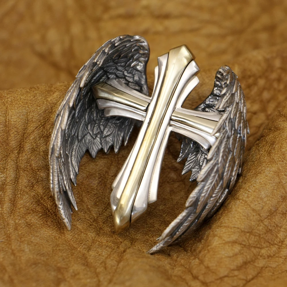 

925 Sterling Silver Huge Cross Angel Wings Brass Accessory Pendant Biker Punk Jewelry TA411