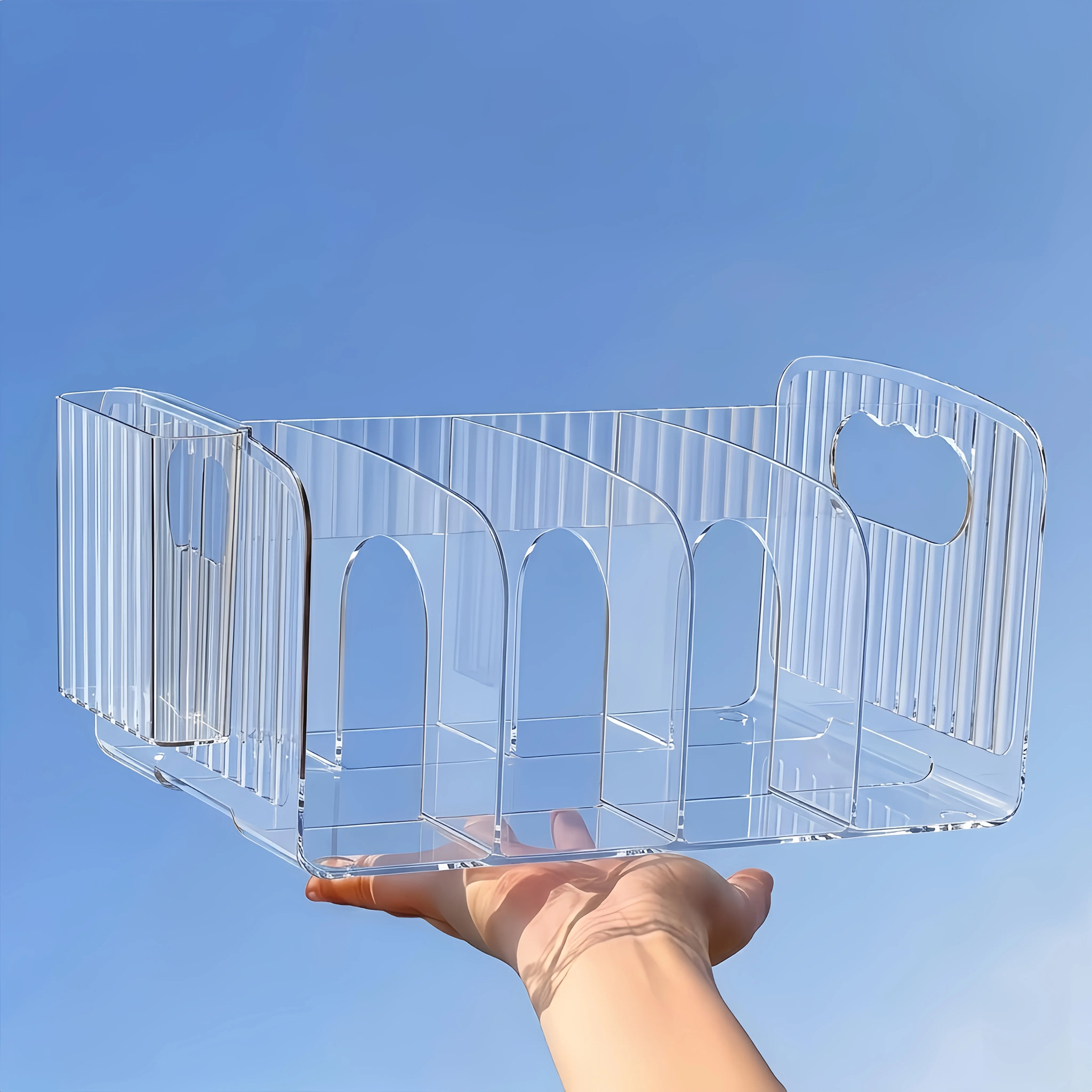 1pc Large Acrylic Transparent 4 Column Book Stand with Handle & Pen Holder, Desktop Book Storage Organizer Box for Students