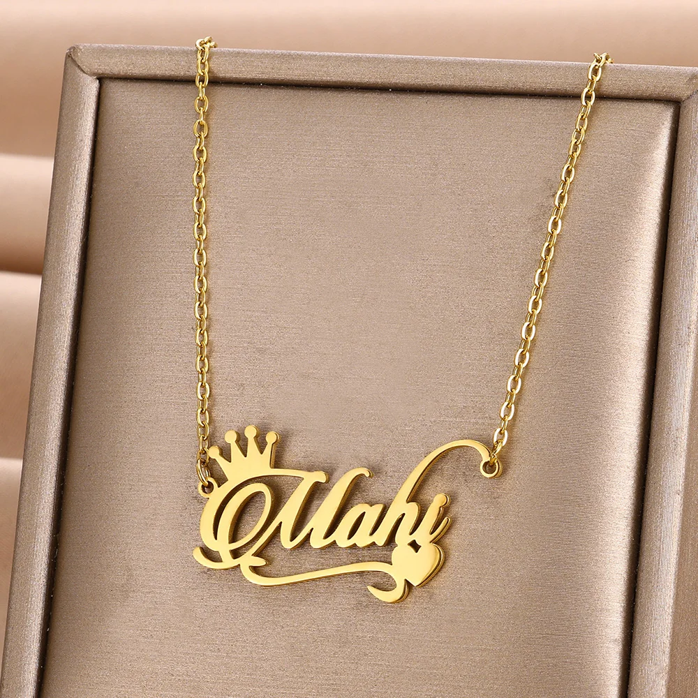 Custom Heart Name Necklace Women Jewelry Stainless Steel Personalized Gold Color Crown Angel Wing Rose Flower Nameplate Necklace