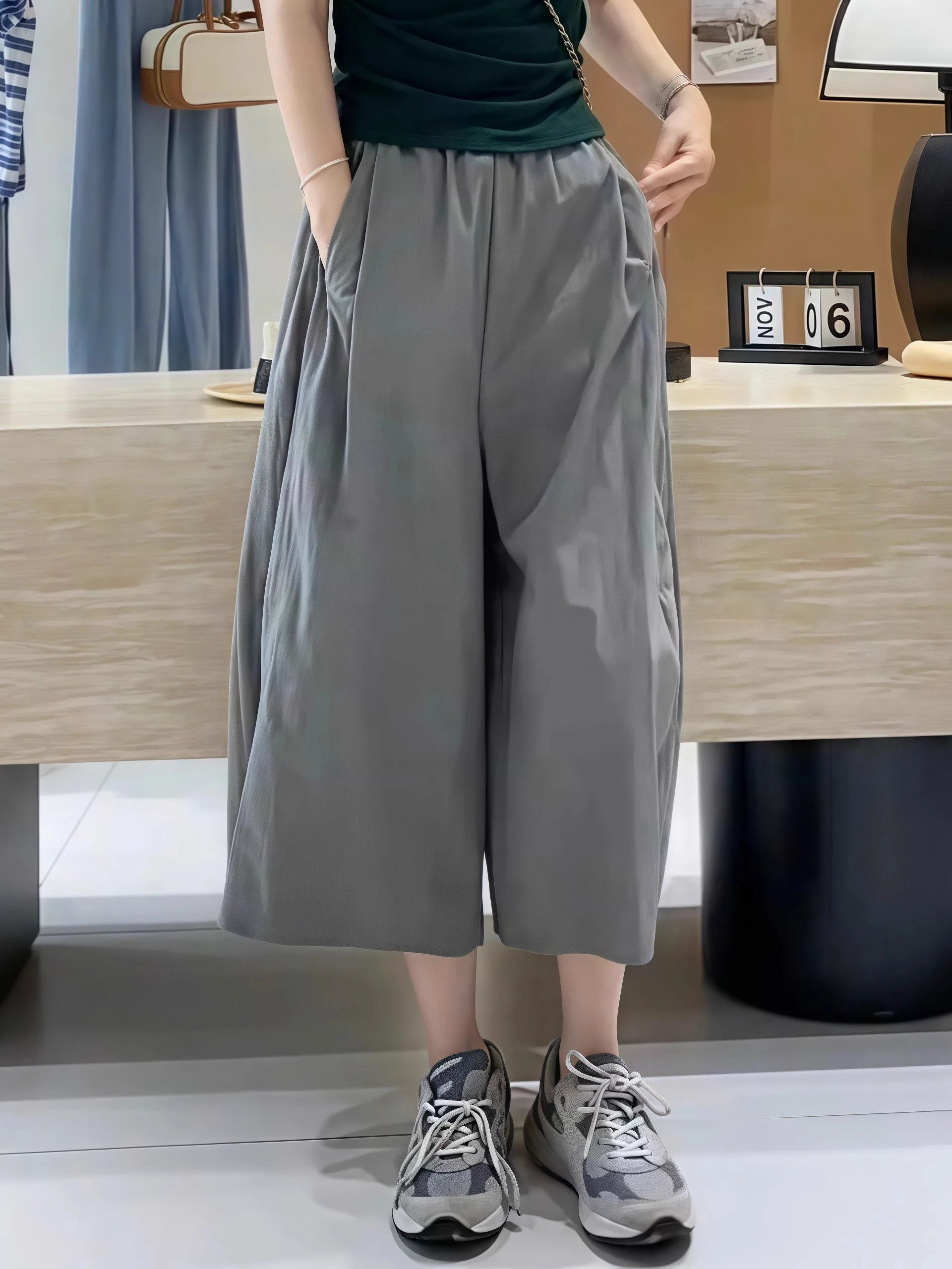 

Широкие брюки с высокой талией, женские свободные брюки больших размеров с девятью точками, повседневные брюки Qui Dry, удобные для поездок на работу