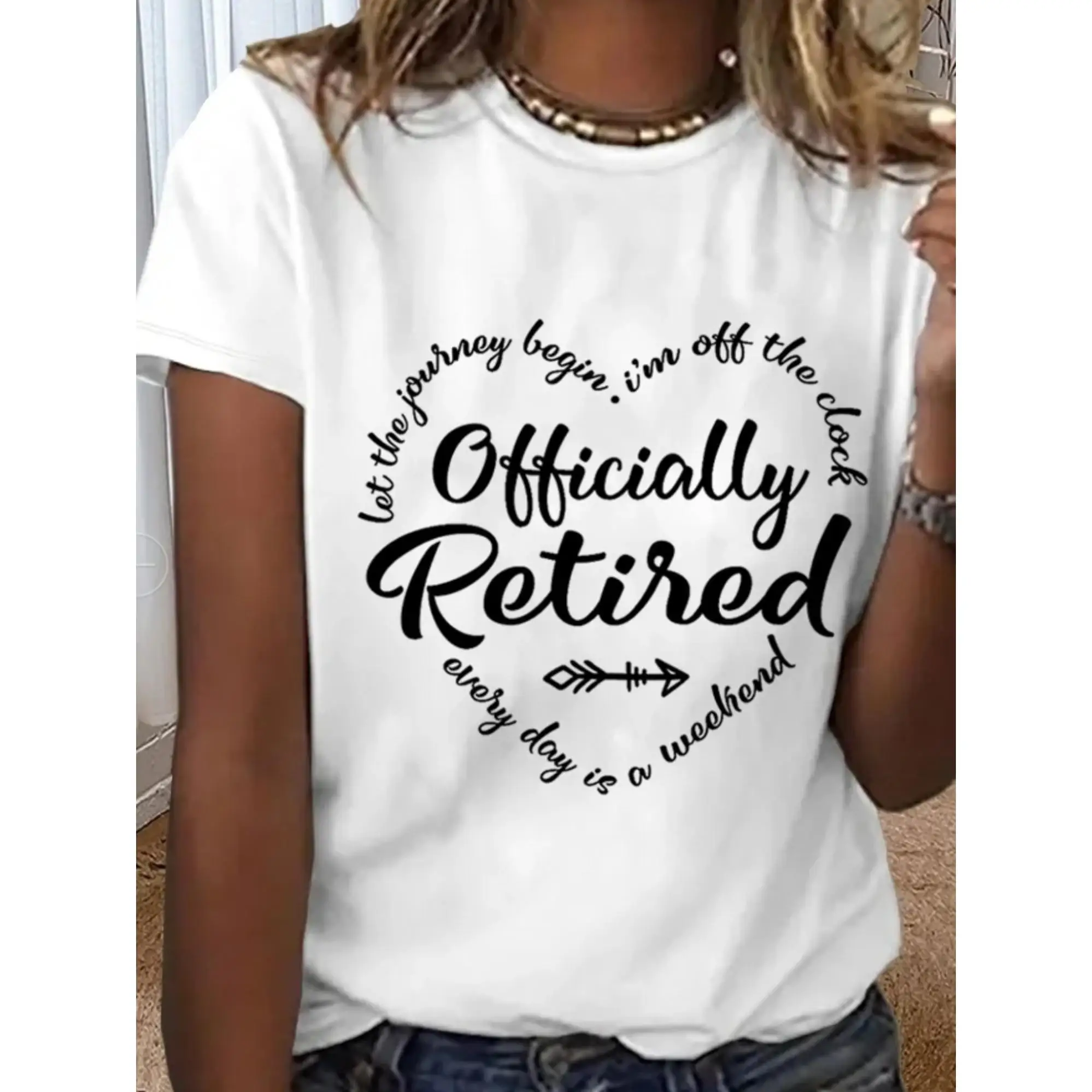 

Women's Retirement gift Officially Retired Text Letter Print Graphic Tee, Crew Neck Short Sleeve T-Shirt, Women Clothing
