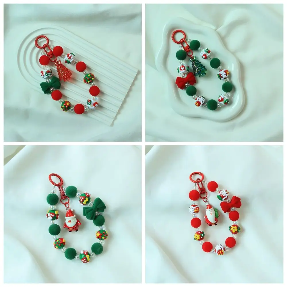 Santa Claus Plush Beads Keychain Christmas Tree Bracelet Plush Beads Keyring Cute Anti-lost Beaded Cell Phone Lanyard Couple