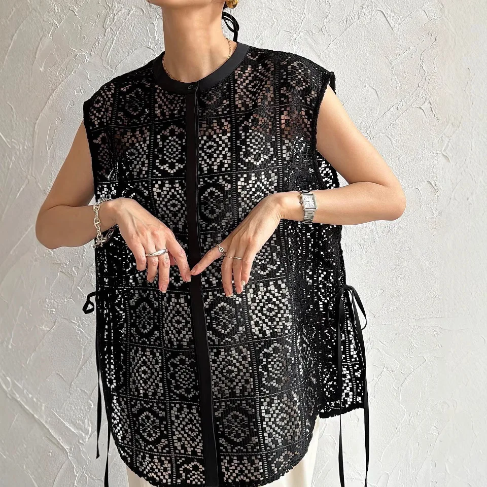 

2025 Spring Summer New round Ne Lace irt Hollow out Hook Flower Lace Top Cardigan Svel Casual Loose Fit Women's irt