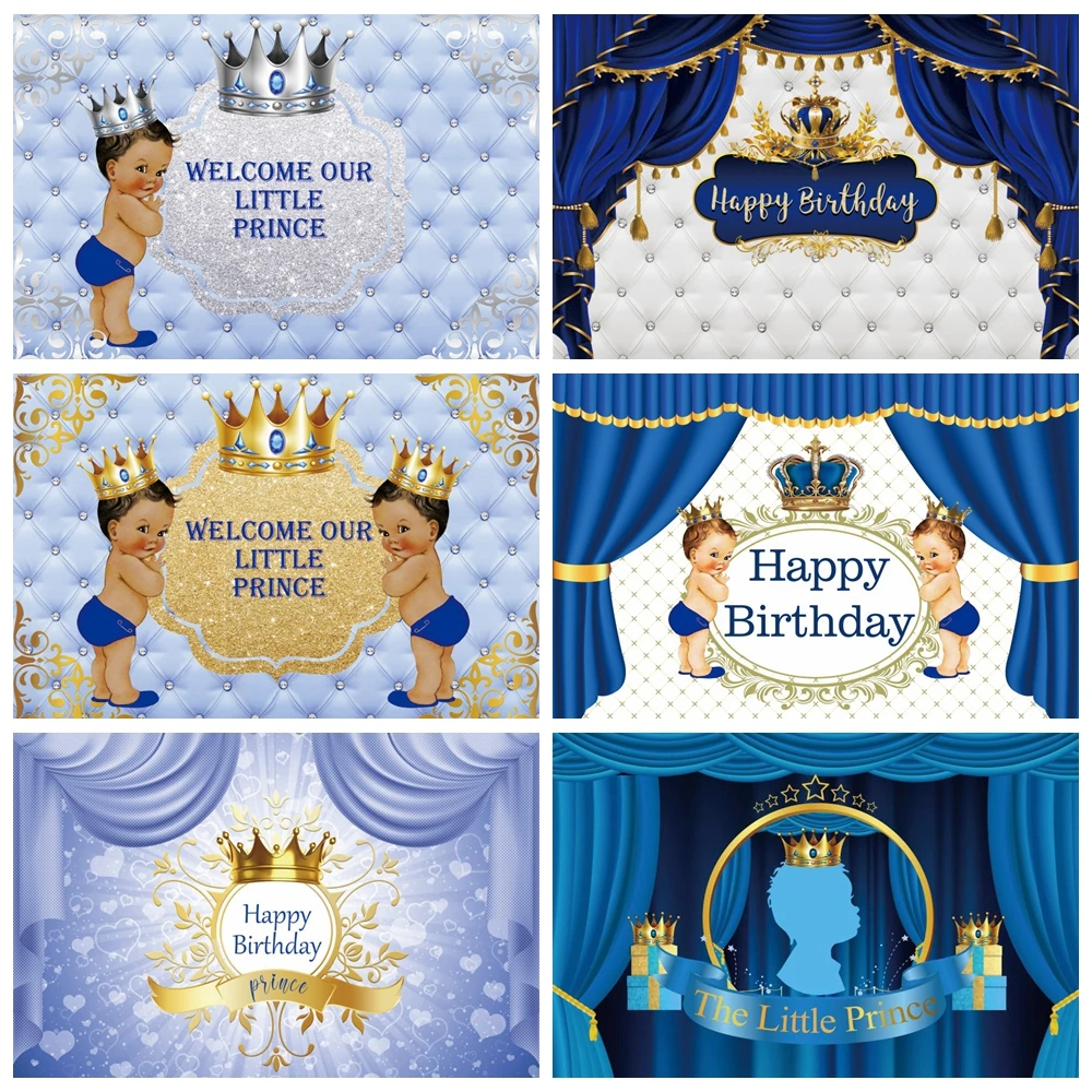 

Little Prince Happy Birthday Backdrop Decoration Blue Curtain Crown Customize Photography Poster Baby Shower Photo Backgrounds