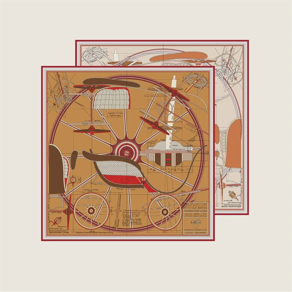 POBING Hand Rolled Twill Silk Scarf Women Wheel Double Printed Square Scarves Wraps Echarpes Foulards Femme Hijab 90CM