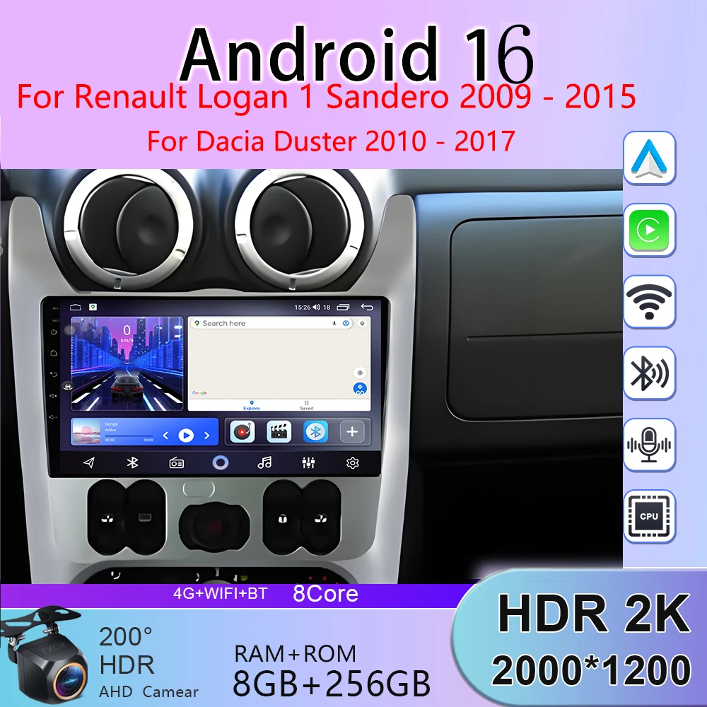 

For Renault Logan 1 Sandero 2009 - 2015 For Dacia Duster 2010 - 2017 Android 16 QLED Android Car Radio Multimedia Video Player