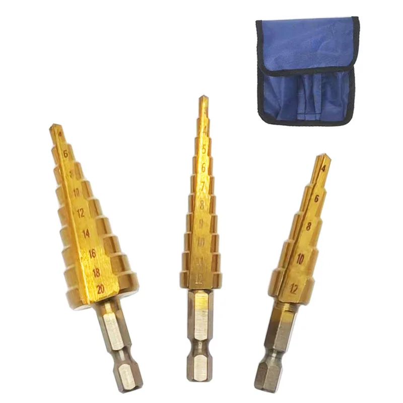 Hexagon Shank Titanium Plated Step Drill 3-12/4-12/4-20mm Small three-piece Pagoda Drill Set