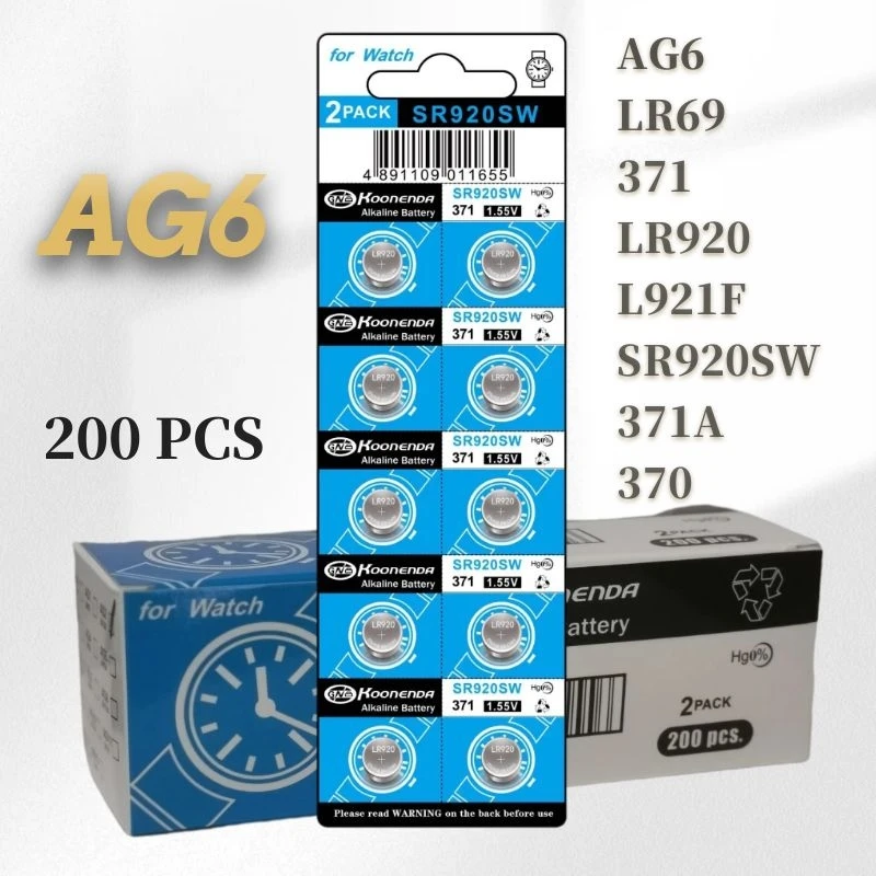 200Pcs  AG6 1.55V Button Coin Cell 371  LR920 SR927 171  L921  Watch Batteries Alkaline Battery