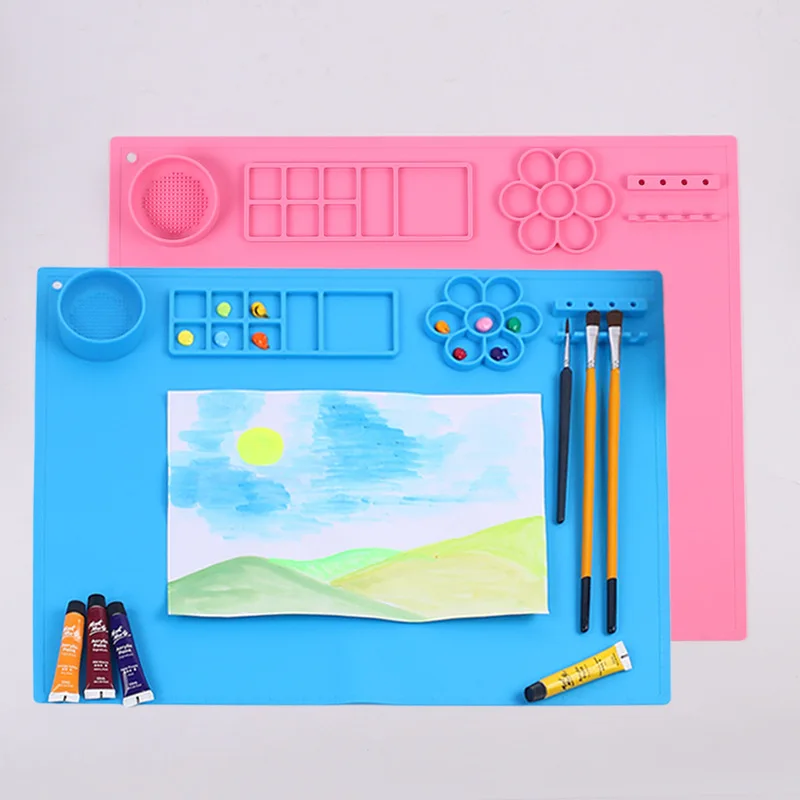Silicone Painting Mat， Art Mat with Cup, Easy Clean Up, Protects Surfaces Perfectly. for Paint, Color, Play with Clay/Play Dough