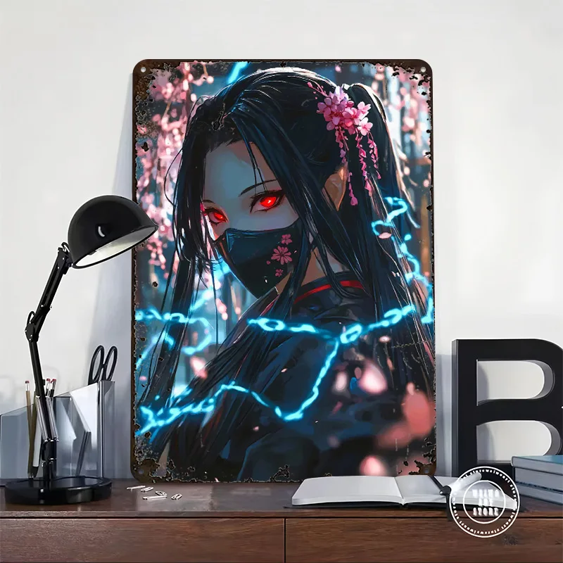 Nezuko Kamado With Sakura Poster Customized Wall Art Vintage Metal Signs Retro Tin Plaque for Man Cave Decoration Home House