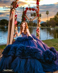 Navy Blue Tulle Ruched Train 15 Year Old Quinceanera Dress 2025 Sweetheart Princess Sweet 16 Dress Party Gown Lace Up Customized