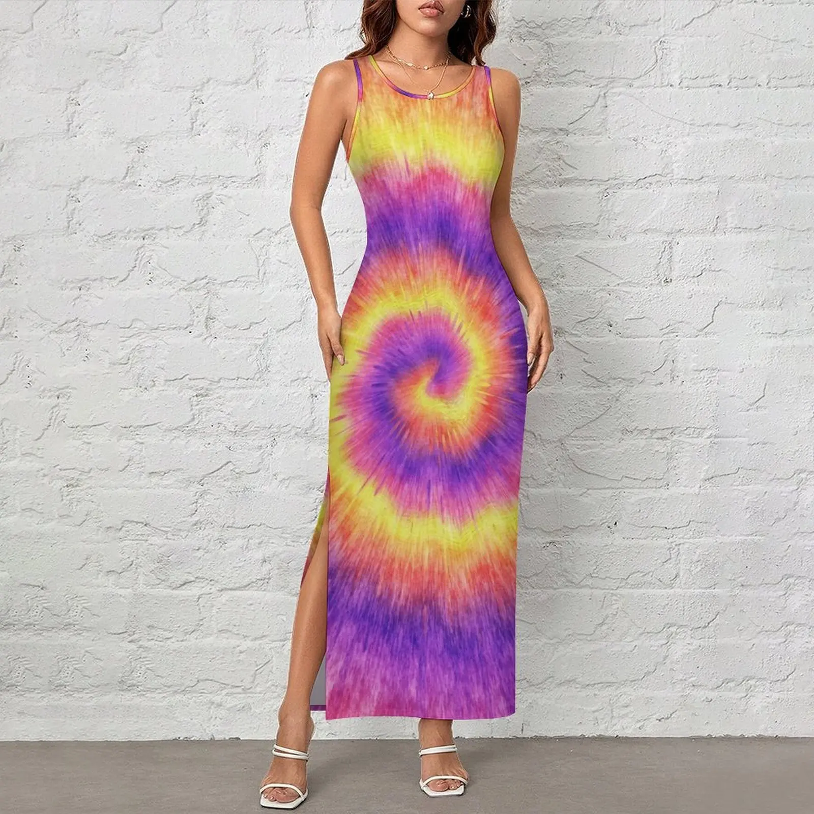 Tie Dye Swirl Dress Sleeveless Retro Pink Lilac Yellow Elegant Maxi Dresses Summer Street Wear Pattern Bodycon Dress Big Size