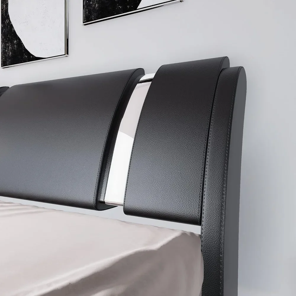 Struttura del letto King Size con decorazione in pezzo di ferro, letto con piattaforma in ecopelle con testiera regolabile curva, supporto per doghe in legno