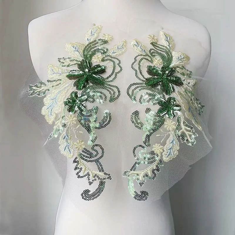 1Pair,29*15.5CM 3d Flower Sequin Embroidery Clothes Lace Applique Sew on Patches,Bodice Beaded Appliques Sewing Supplies