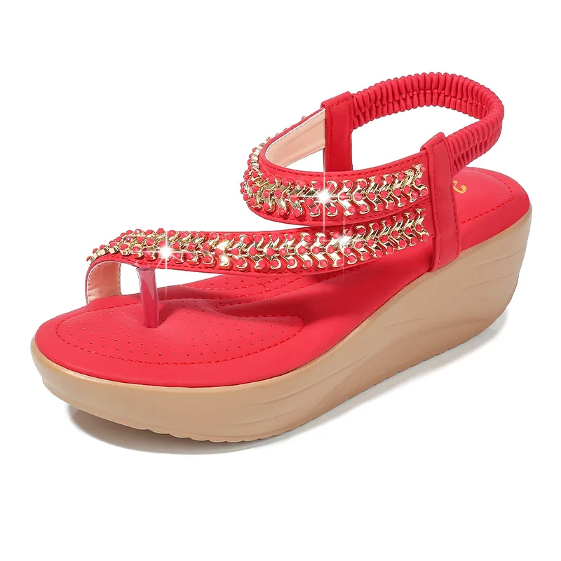 

Летние новые стильные женские сандалии с круглым носком и клипсой на толстой подошве на танкетке и эластичной ленте, модные сандалии со стразами