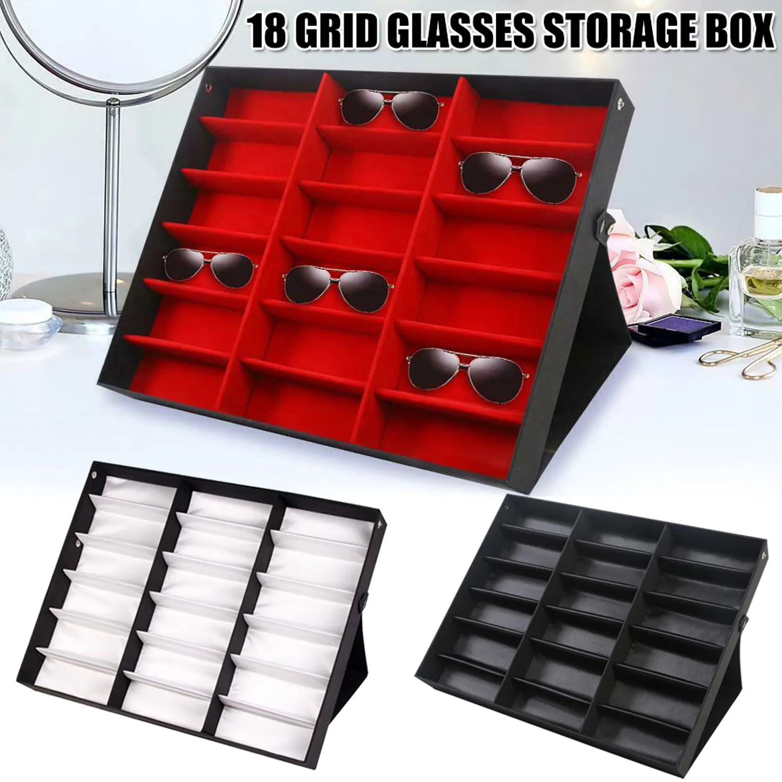 

18 slots Glasses display stand Eyeglass Holder Storage Case Organizer Sunglasses Box Tray Tilt Standing Grid Spectacles boxes