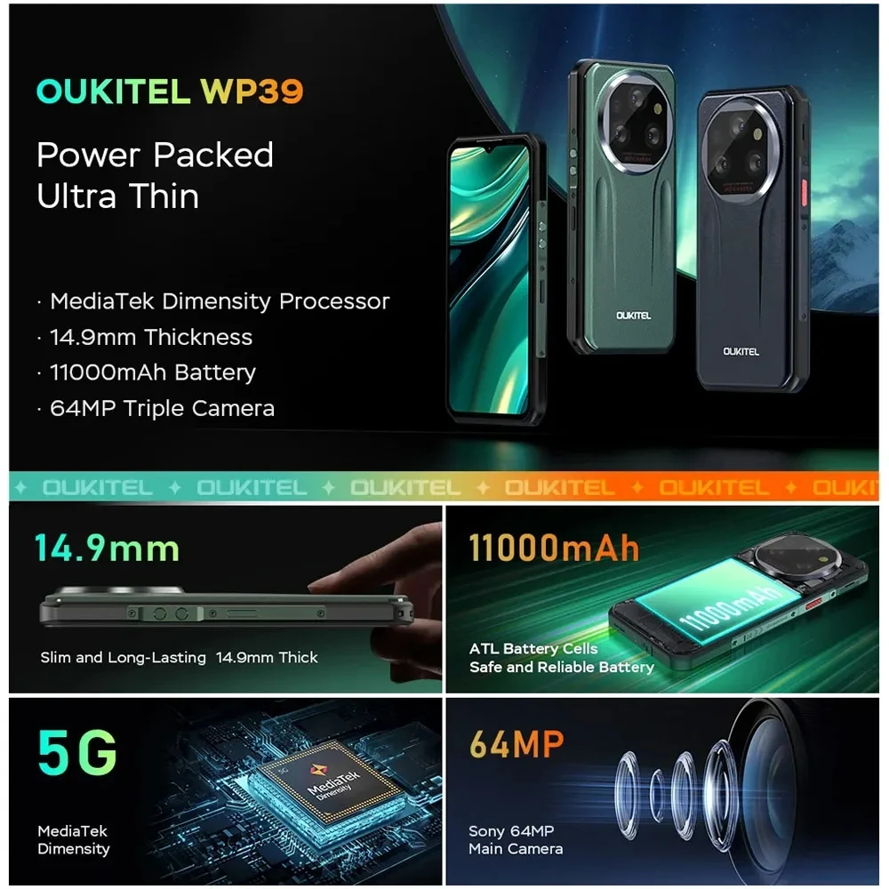 Global Version Oukitel WP39 Rugged 5G Smartphone Octa Core 24GB(6+18)+256GB 6.6Inch Android 14 Mobile Phone 64MP Camera 11000mAh