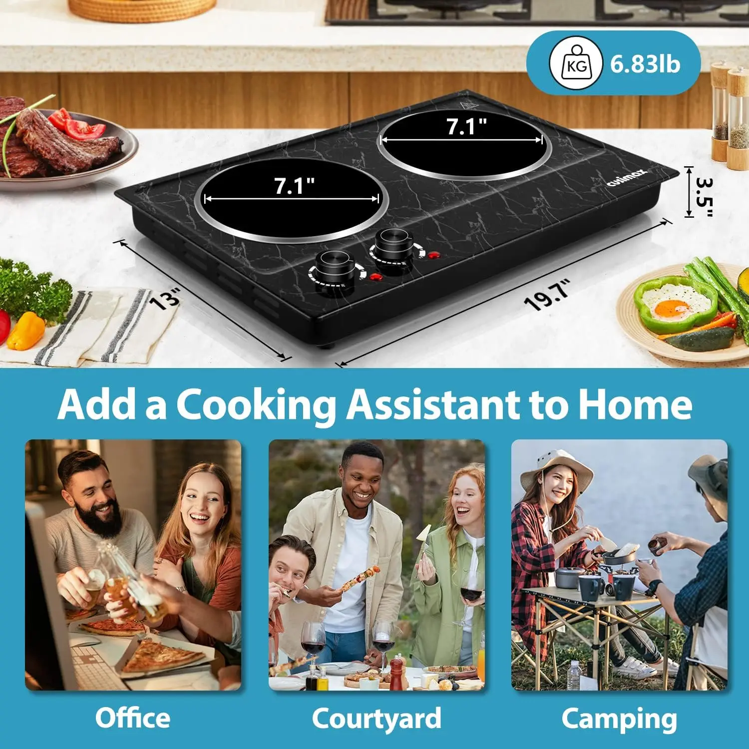 CUSIMAX Placa caliente eléctrica de doble quemador para cocinar, estufa portátil de doble control de 1800W Quemador eléctrico de encimera Cocina infrarroja