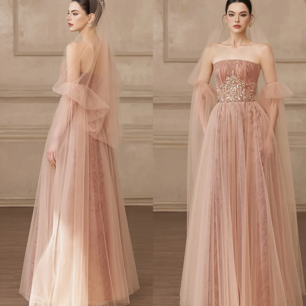 Customized Exquisite Strapless Sleeveless Evening Dress  See Through Tulle Prom Dresses High Quality Crystal Party Gowns