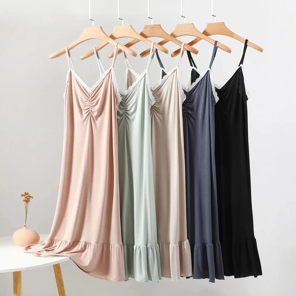 Modal Suspender Long Skirt Women Summer Thin Inner Wear V-Neck Lace Dress Large Size Loose Home Bottoming Skirt