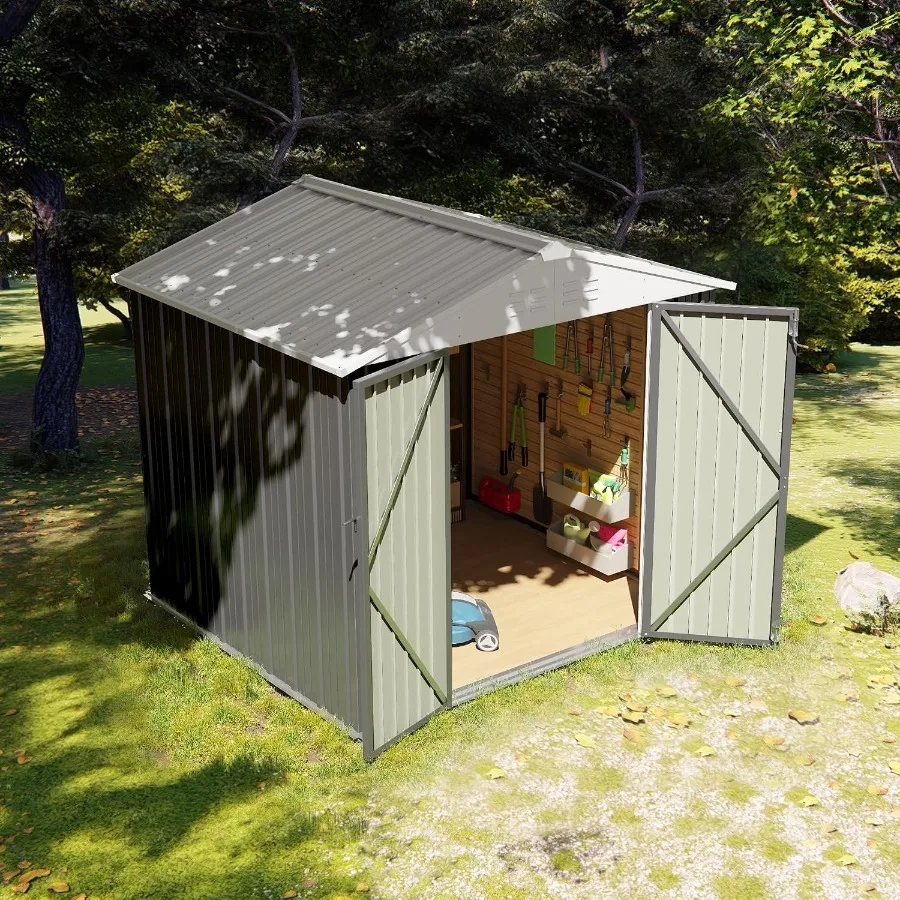 Outdoor storage shed for backyard, patio and lawn; waterproof metal construction; grey color; lockable door for secure tool and