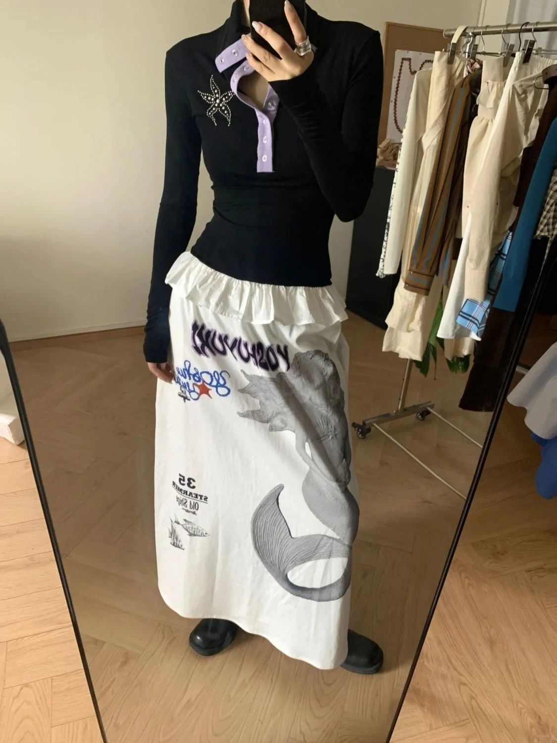 Graphic Print White Midi Long Skirt Elastic Waist summer harajuku fairycore 2000s y2k grunge goth aesthetic grunge korean cloth
