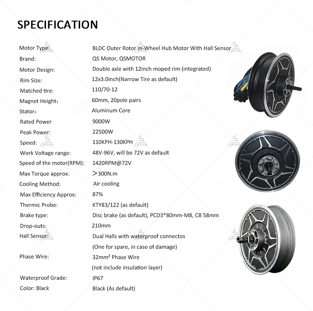 QS Motor 9000W 12x3.0inch QS268 60H V5 72V 130KPH Racing Hub Motor for Electric Motorcycle New ConditionAR