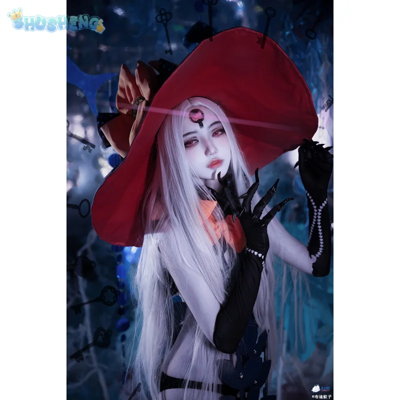 Fgo abigail williams verão cosplay destino/grande pedido fgo traje festa de halloween vestido sexy chapéu luvas meias tatuagem adesivos conjunto