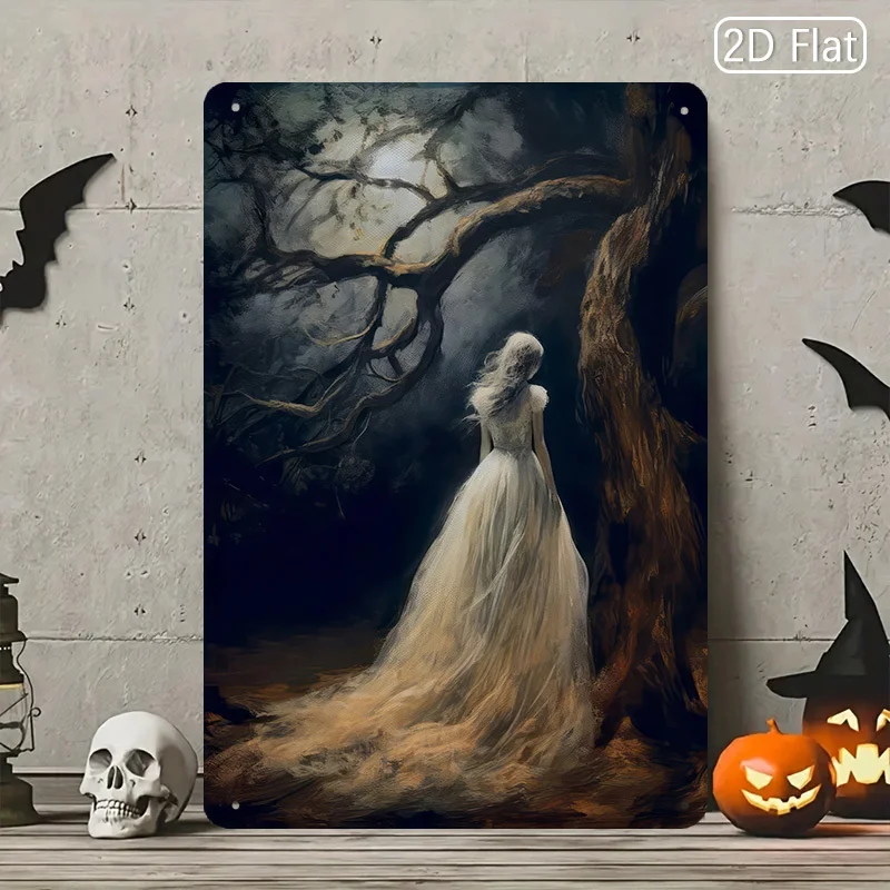 Gothic Halloween Decor - Metal Tin Sign - in Forest with Bride-like Figure - Spooky Bathroom, Living Room, Party Decoration - E