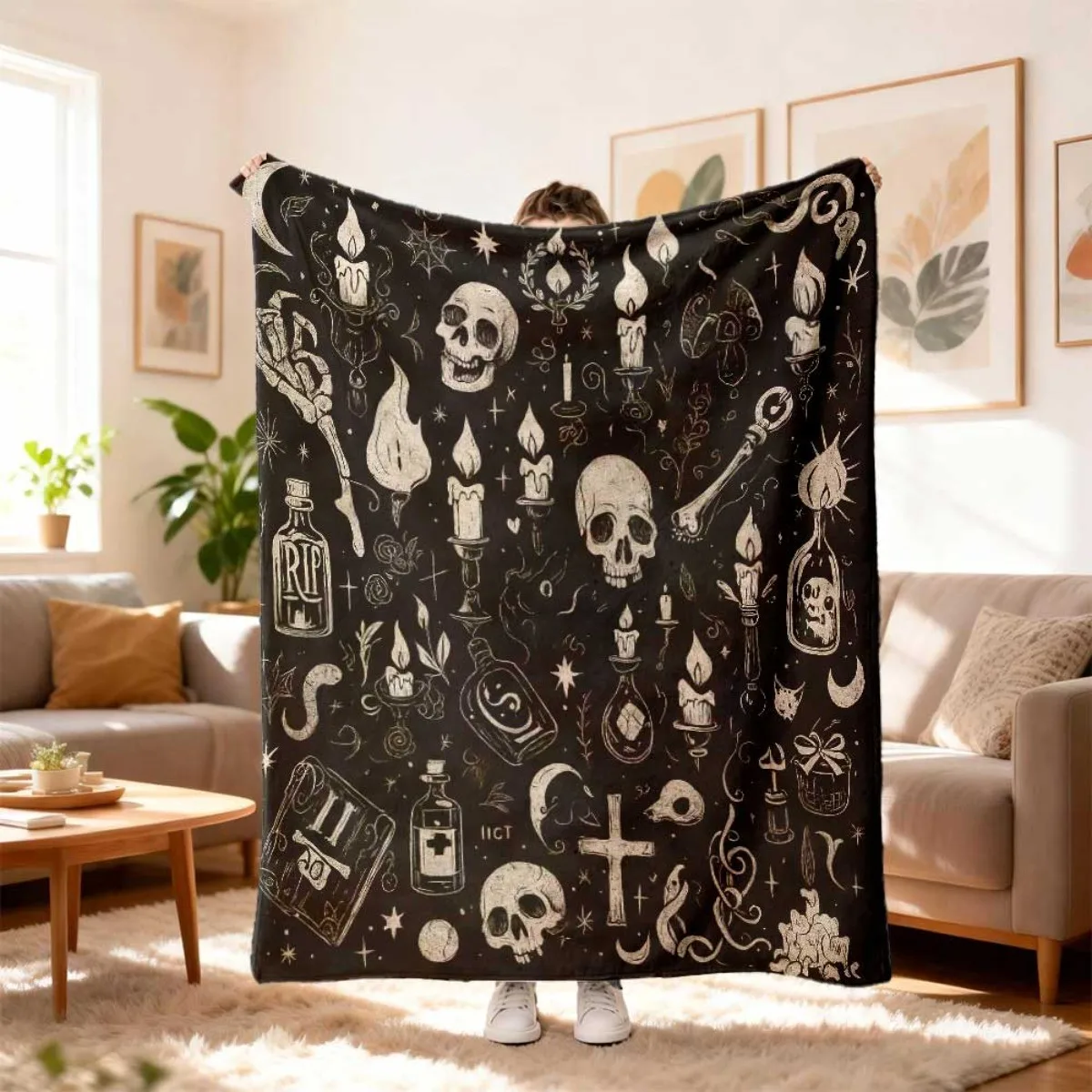 Halloween Skull Throw Blanket Mystery Symbol Print Soft Warm Cozy Flannel Bed Sofa Lap Blanket for Adults Home Decor Gift